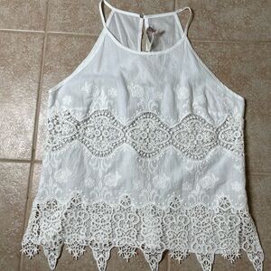 Lush Mark Ashton OffWhite Babydoll Lace Boho Scallop Top, Junior’s Size Small